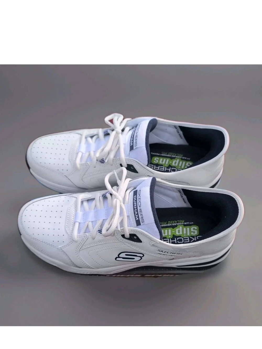 Skechers Sneakers Mens 13 White Blue Durham Delvor Slip Ins Relaxed Dad Shoes